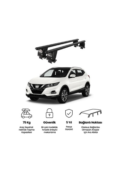 Royal Nissan Qashqai 2017 - 2021 Uyumlu Siyah Kilitli Ara Atkı Port Bagaj Tavan Barı