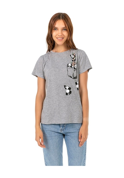 Vıshenka Kadın Gri Compact Penye Pamda Baskılı T-Shirt Gri