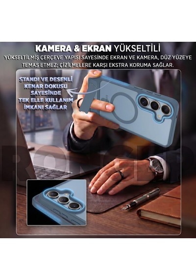 Frost-stand Samsung Galaxy S25 Fe İçin Kılıf Yatay Stantlı Manyetik Magsafe İle Uyumlu S25 Fe Koruyucu Darbeye Dayanıklı Arkası Sert Ve Yarı Saydam Samsung S25 Fe Kılıf Mavi
