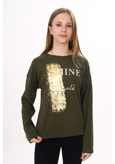 Toontoy Kız Çocuk Sweatshirt Shine Varak Baskılı Haki