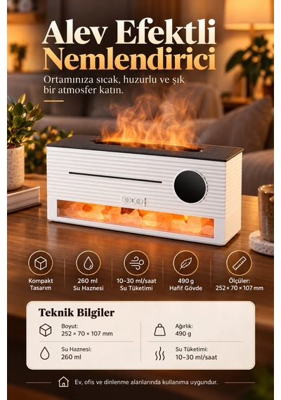 Castu Ls17 Alev Efektli Hava Nemlendirici Aroma Difüzör Dijital Saatli Alarm Ve Kumandalı 260ml