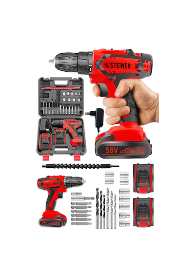 Steiner Kupfer Darbeli 58 V 5 Ah Çift Akülü Vidalama Matkap Kırmızı + 24 Parça Set