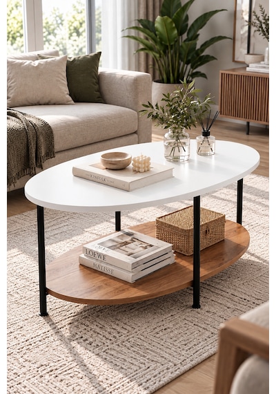 Oval Orta Sehpa 90 Cm İki Katlı Raflı Metal Ayaklı Modern Dekoratif Salon Sehpası Beyaz - Çam Oval Orta Sehpa 90 Cm İki Katlı Raflı Metal Ayaklı Modern Dekoratif Salon Sehpası Beyaz - Çam