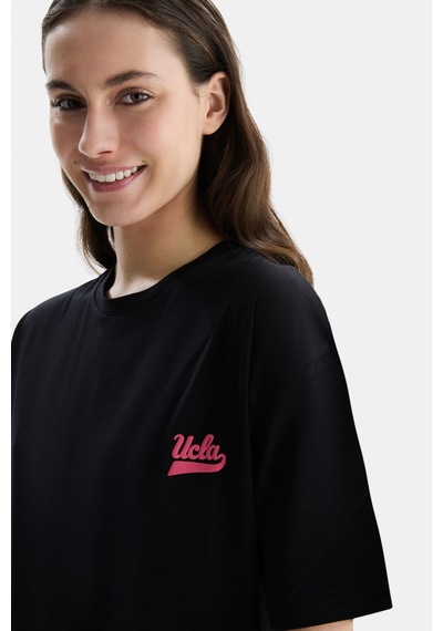 Ucla Paradıso Siyah Bisiklet Yaka Baskılı Oversize Kadın Tshirt Siyah