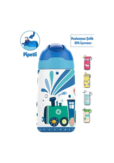 Vagonlife 2'li Set 350 Ml Çocuk Pipetli Çelik Matara Paslanmaz Çelik Termos 5 Farklı Renk 2055-350ml 001