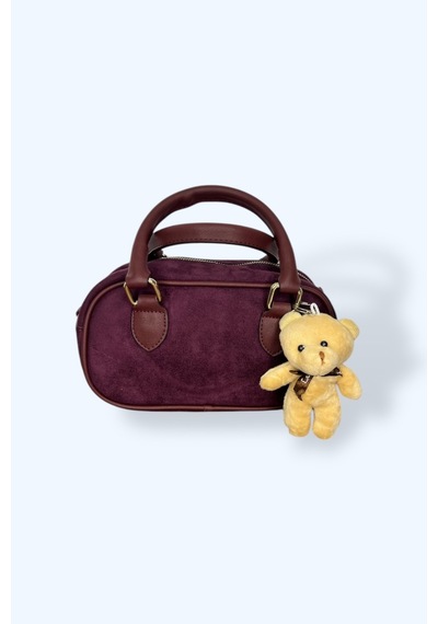 Süet Mini El Çantası, Bordo Renk, Kahverengi Saplı, Peluş Ayıcık Aksesuarlı Bordo