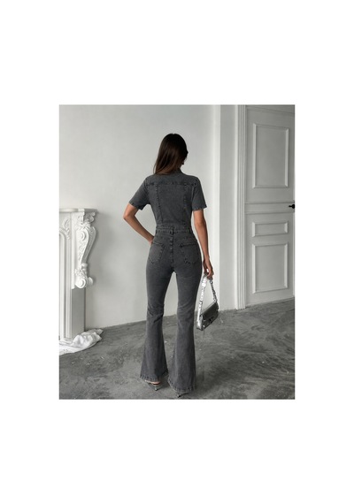 Bluemarlin Kısa Kol Kar Siyah İspanyol Paça Likralı Denim Tulum Kar Siyah