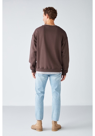 Grimelange Stephan  Erkek Yumuşacık Kumaşlı Organik Pamuklu Oversize Fit Yuvarlak Yakalı Kahverengi Sweatshirt