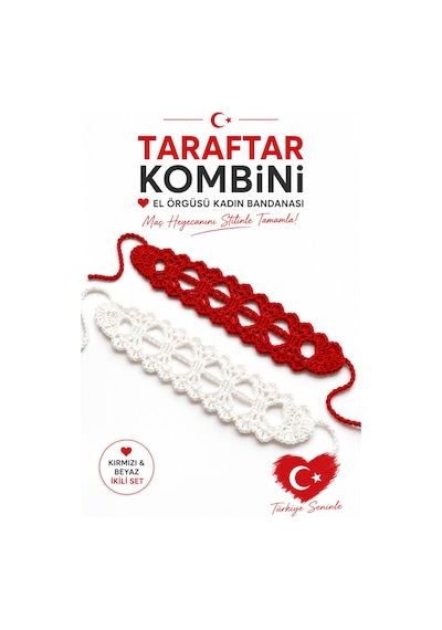 Türkiye Kadın Taraftar Bandanası El Örgüsü Kırmızı Beyaz Saç Bandı Milli Takım Kombini Ayarlanabilir İkili Set