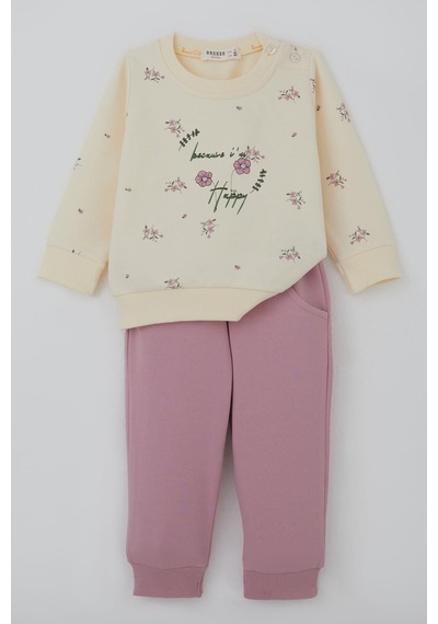 Breeze Kız Bebek Eşofman Takımı Pembe Çiçek Desenli 6 Ay-2 Yaş, Krem