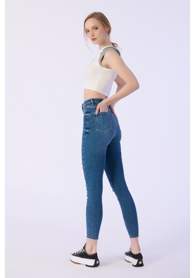 Skınny Cep Kapalı Dizler Lazerlı Paça Kesik Denim Pantolon-mavi Mavi
