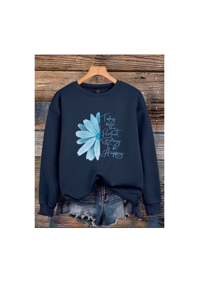 Herkesemoda Yarım Çiçek Baskılı 2 İplik Şardonlu Bisiklet Yaka Sweatshirt Lacivert