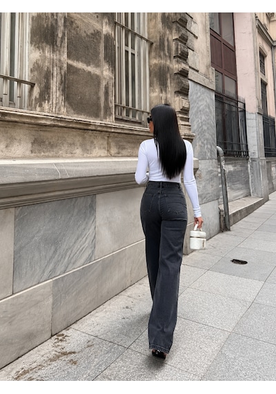 Zdn Jeans Yüksek Bel Antrasit Wide Leg Jean