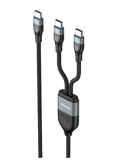Duo Power 100W Çift Uçlu Type-C To Type-C + Type-C Şarj Kablosu Örgü Tasarım 1.2 Metre Siyah