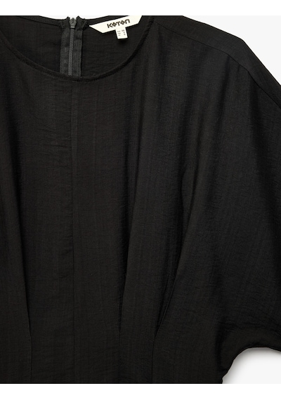 Koton Viskon Kumaş Slim Fit Bisiklet Yaka Kısa Kollu Belden Oturtmalı Pileli Bluz Siyah 7wak60039pw