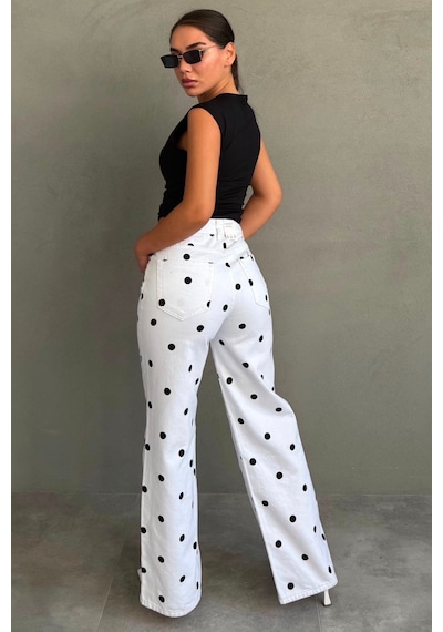 Madmext Beyaz Puantiye Desenli Yüksek Bel Pantolon Mg2861
