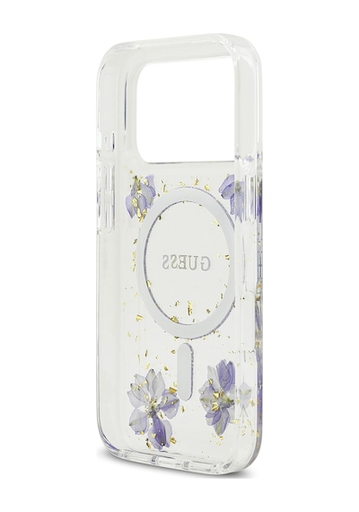 Apple Uyumlu iPhone 17 Pro Kılıf Guess Lisanslı M-safe Şarj Özellikli Transparan Resin Flowers Kapak Mor Mor