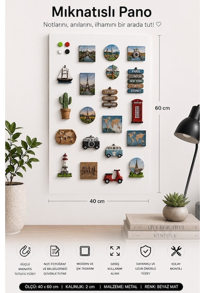 Yiğit Metal Mıknatıslı Pano Beyaz Ofis/çalışma Odası İçin Mıknatıs Hediyeli Metal Magnet Hatıra Panosu 40 x 60 CM