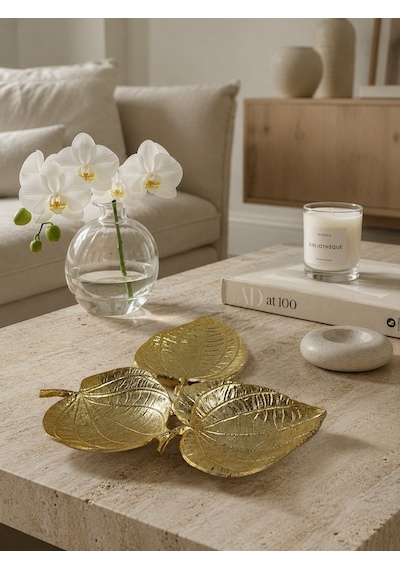 3'lü Yaprak Tabak Gold Dekoratif Obje-7171