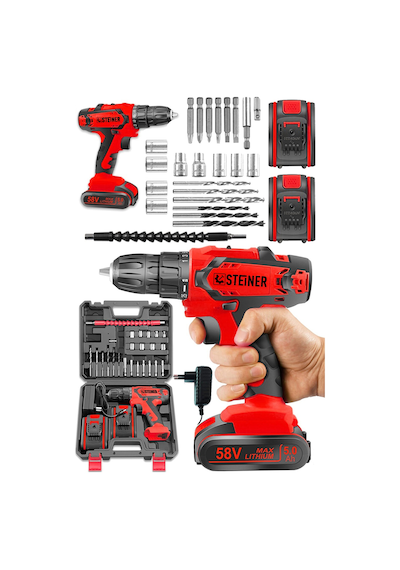 Steiner Kupfer Darbeli 58 V 5 Ah Çift Akülü Vidalama Matkap Kırmızı + 24 Parça Set