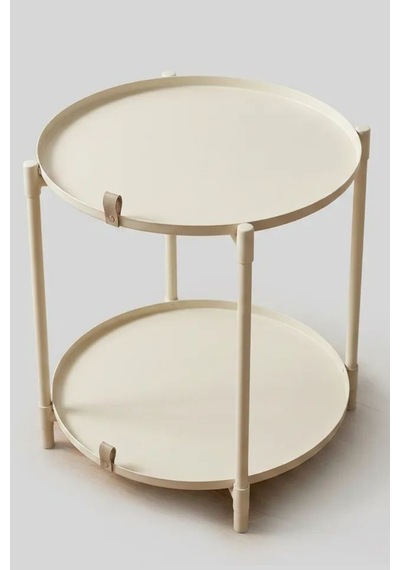 Çift Tepsili Katlanır Orta Yan Yuvarlak Sehpa Metal Ayak - Modern Sehpa 50cm 44 Cm Tepsi Deri Kulplu Krem