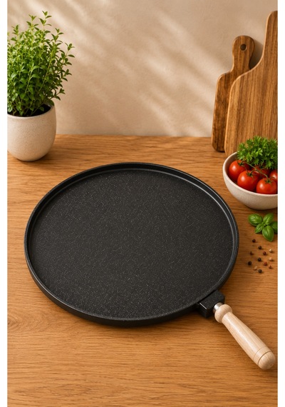 TerraStone 36 cm Granit Gözleme Bazlama Tavası – Yapışmaz Büyük Boy Saç Tava, Ahşap Saplı