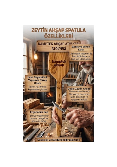 Ahşap Atolyesinden Doğal Zeytin Ağacı Spatula 26 Cm - Ergonomik Geniş Yüzeyli Ahşap Yemek Kaşığı Spatula Kahverengi