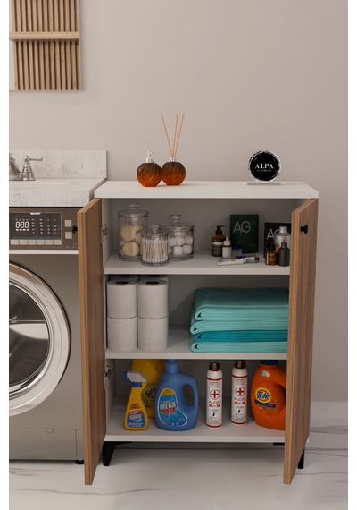 Çok Amaçlı Banyo & Çamaşır Odası Dolabı, Ayarlanabilir Raflı, Kapaklı Modern Banyo Dolabı Beyaz - Atlantik Çam