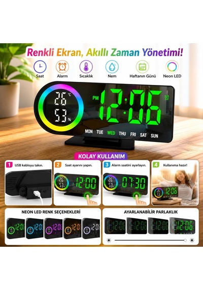 Akıllı Dijital Neon Led Li Başucu Saati - Masa Saati - Neon Renkli, Modern Ve Fonksiyonel Alarm - Erteleme -nem Gö