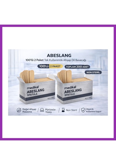 Bezos Abeslang 100'lü 2 Paket Tek Kullanımlık Ahşap Dil Basacağı Non Steril Medikal Spatula Toplam 200 Adet Bty