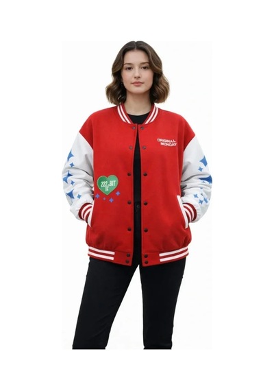 Meleners Kırmızı Varsity Çıtçıtlı Baskılı Oversize Kalıp Kolej Ceket - Kırmızı
