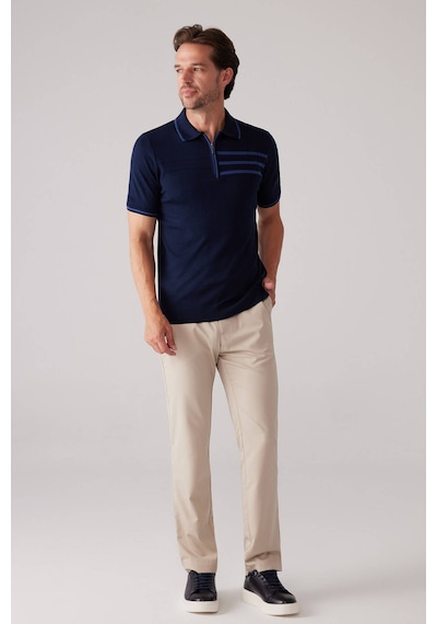 Erkek Lacivert Slim Fit Hafif Çizgili Fermuarlı Polo Yaka Tişört