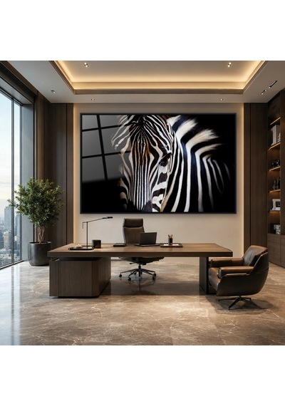 Karanlıkta Zebra Yakın Plan Siyah Çerçeveli Cam Tablo