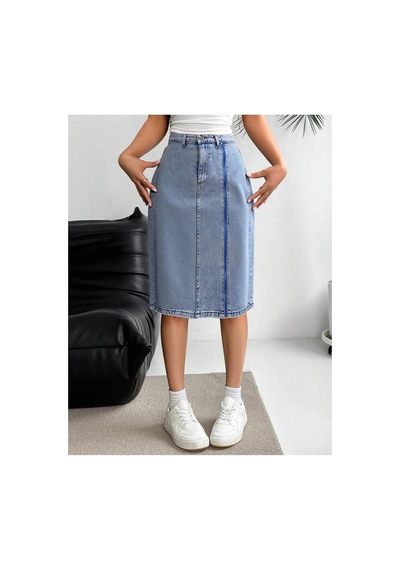 Kene Jeans Yüksek Bel Ön Fermuar Detaylı Kot Etek Taş