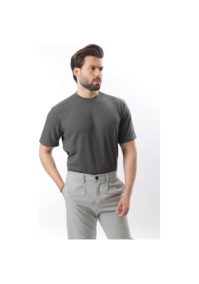 Madmext Füme Dokulu Çizgi Tasarım Bisiklet Yaka Erkek T-shirt E7122 Füme