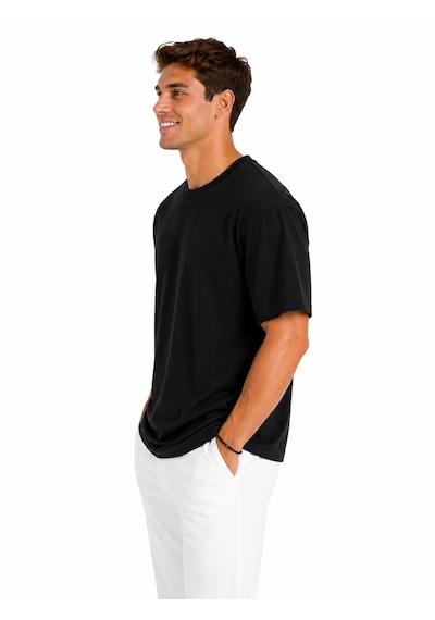 Vasto Moda Erkek Oversize Kalın Dokulu %100 Organik Pamuk Bisiklet Ribana Yakalı Siyah T-shirt