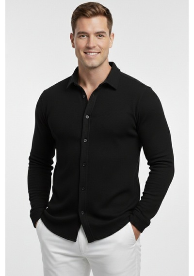 Deepsea Siyah Slim Fit Örme Kumaş Likralı Erkek Gömlek Nefes Alan Esnek Ve Modern Tasarım 2602604 Siyah