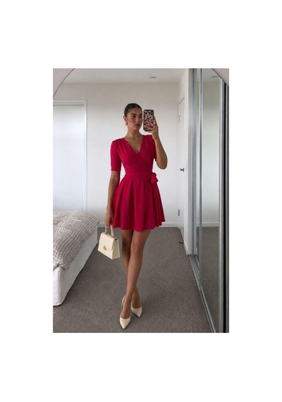 Store V Yaka Mini Elbise Kollu Kısa Kuşaklı Kırmızı - 935901556 Kırmızı