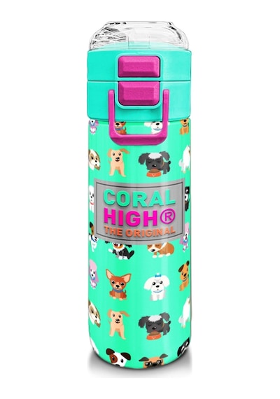 Coral High 500 Ml Paslanmaz Çelik Okul Termosu/suluk/matara - Kız Çocuk - Su Yeşili Neon Pembe Köpek Desenli - Sızdırma Yapmaz Çok Renkli