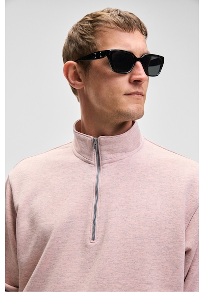 Grımelange NESTOR Erkek Relaxed Fit Dik Yakalı Yarım Fermuarlı Uzun Kollu Pembe Melanj Sweatshirt