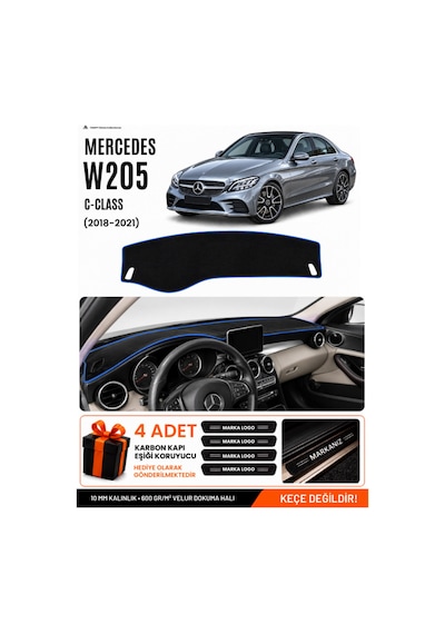 Mercedes W205 C-class 2018-2021 Uyumlu Torpido Örtüsü, Torpido Kılıfı - Siyah Mavi