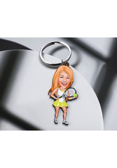 Bk Gift Kişiye Özel Tenis Oyuncusu Karikatürlü Ahşap Anahtarlık-2 Sevgiliye Hediye, Arkadaşa Hediye, Doğum Günü Hediyesi