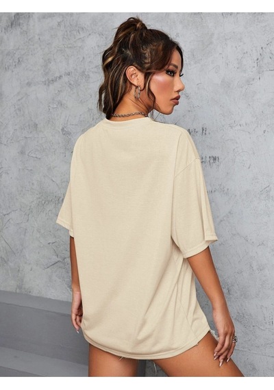 Flood Of Style Kadın Bej New York Baskılı Oversize Bisiklet Yaka Tişört