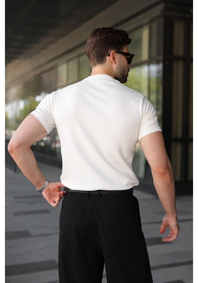 Madmext Ekru Bisiklet Yaka Regular Fit Erkek Tişört E7188