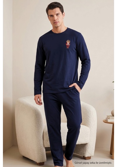 Siyah İnci Baskılı Pamuklu Likralı Örme Pijama Takım 26241803 Lacivert