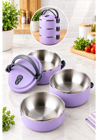 3 Katlı Yeni Nesil Sefer Tası Lunch Box Beslenme Kabı Paslanmaz Çelik 1800 Ml Lila