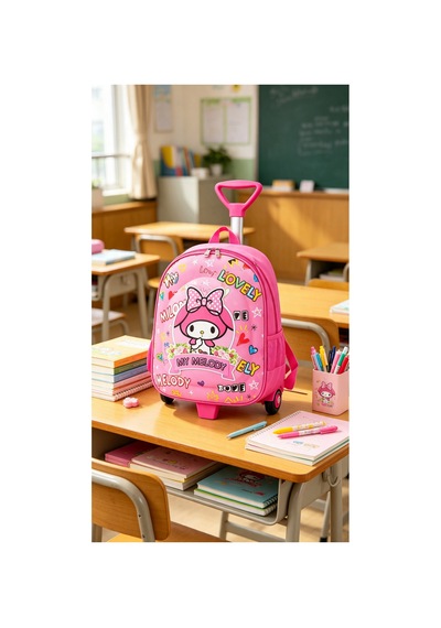 Kız Çocuk Anaokulu Kreş Çekçekli Tekerli Sırt Çantası Ve Okul Çantası Pembe Pembe