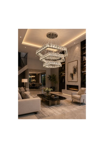 Kristal Taşlı Led Avize Sarkıt 3 Renk Işık Kumandalı Cam 3 Katlı Altıgen Salon Villa Avizesi Gümüş