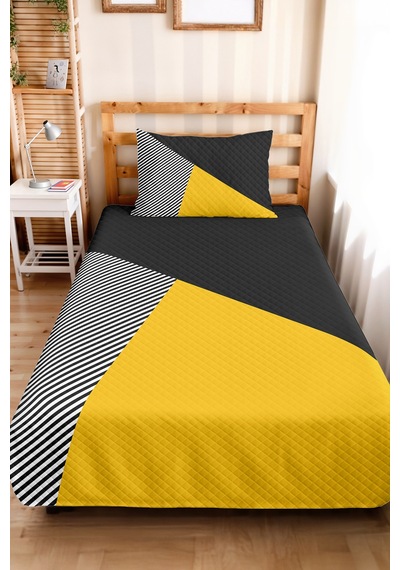 Sarı Geometrik Genç Odası Tek Kişilik Pike Takımı - Siyah Çizgili 160x220 Cm Kapitone Yatak Örtüsü Naif Bahçe Gölgesi