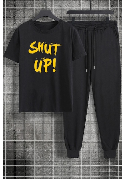 Uyguntarz Unisex Shut Up Baskılı 2'li Eşofman Takımı Siyah